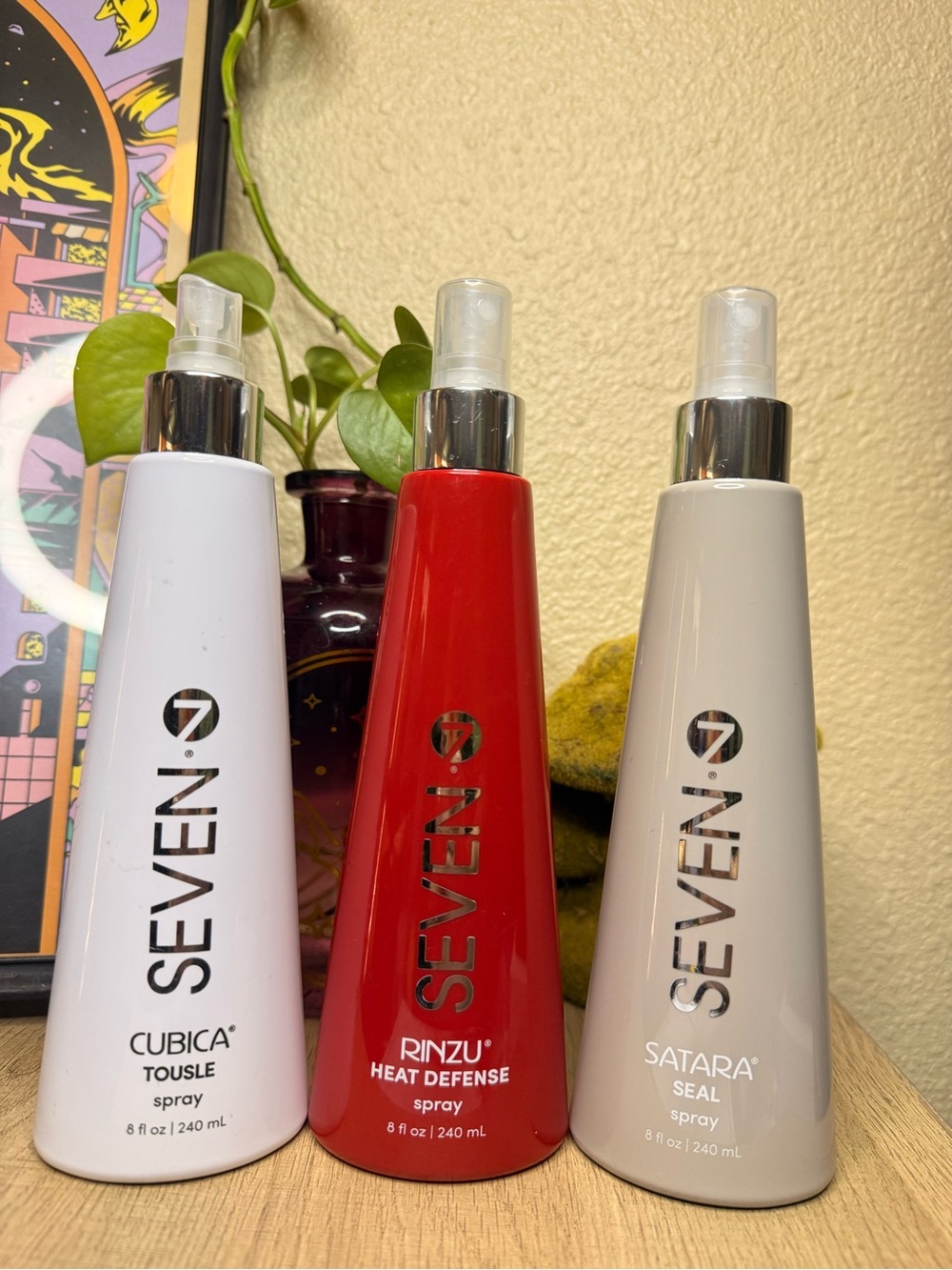 Seven7 Hair Spray Trio — Red, White, Gray Bottles